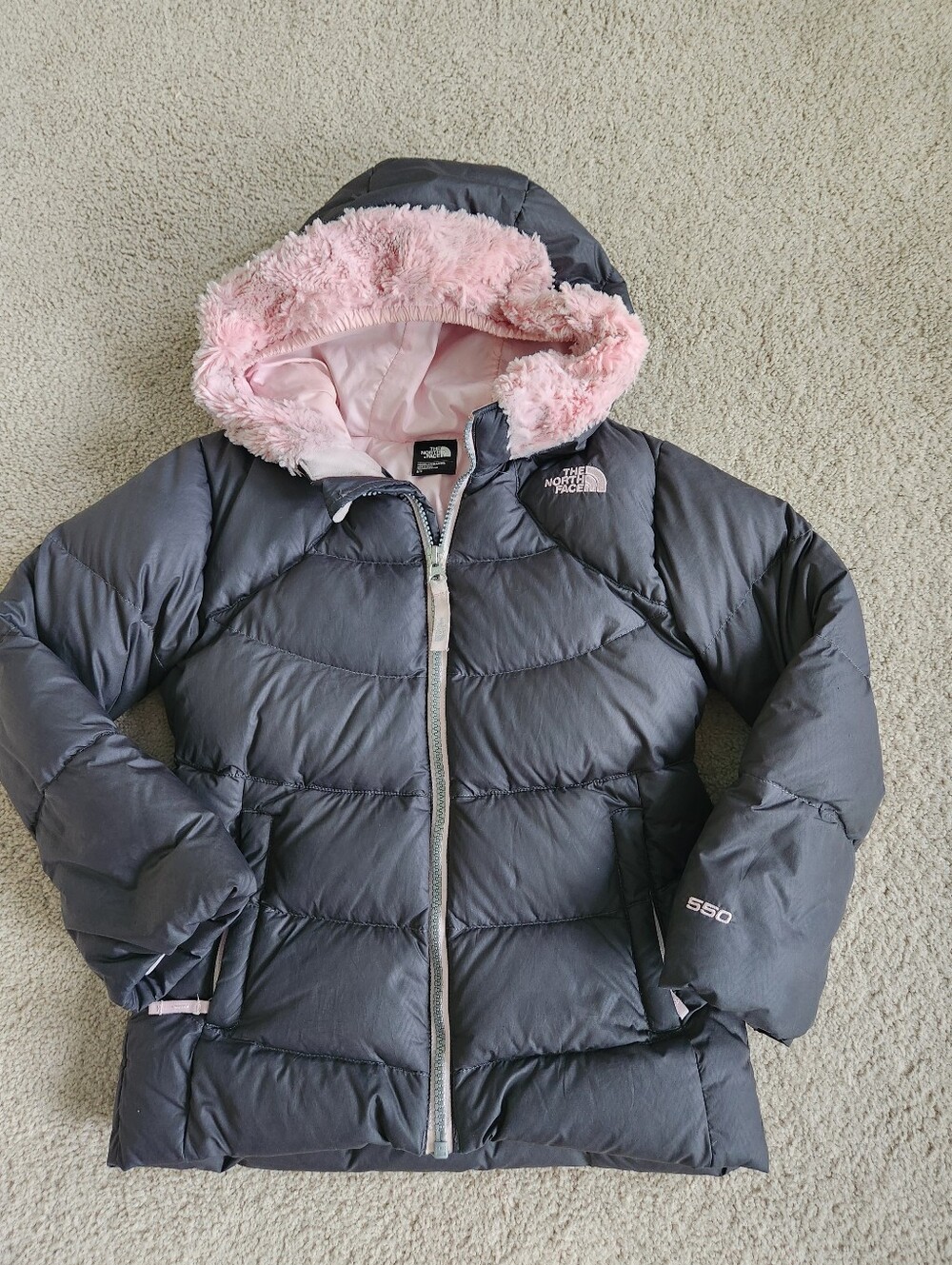 The North Face Kids Gray Puffer Jacket with Pink Faux-Fur Hood